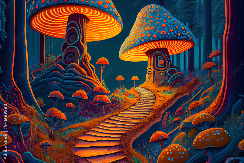 pathway to mushroom land colorful illustration created by generative ai