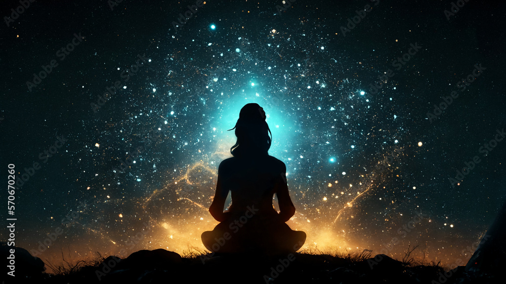 silhouette woman meditates in the lotus position on the hill with the sky full of stars. Generative AI