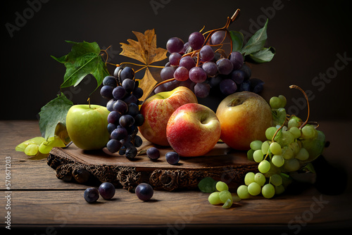 assorted fresh fruits on a rustic wooden table. Grapes  apples created with Generative AI technology