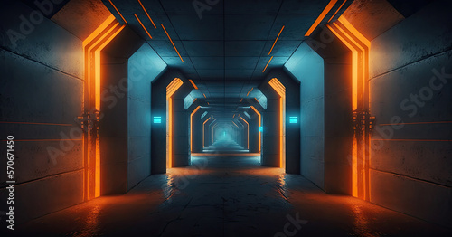 futuristic interior scifi  tunnel of lights blue and orange 3d colorful rendered background panorama