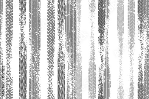 Vertical tire tread print with grunge effect seamless pattern. Footprint of bike or vehicle wheels with seamless texture. Top view of rubber protector marks on road. Vector background