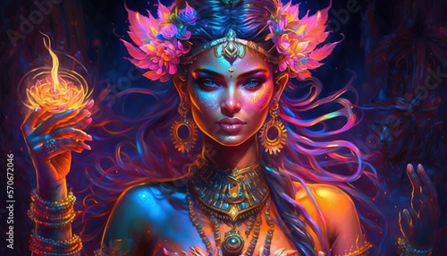 Canvastavla magical neon energy Hindu goddess with Lotus Generative AI