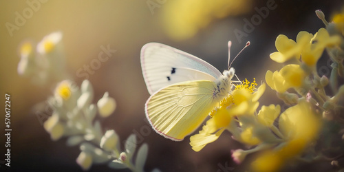 Delicately yellow romantic natural floral background with a white butterfly on flower in soft daylight with beautiful bokeh and pastel colors, close-up macro