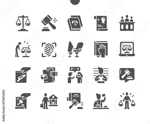 Law and justice. Judge chair. Conflict, criminal, fingerprint and verdict. Online justice. Law book. Vector Solid Icons. Simple Pictogram