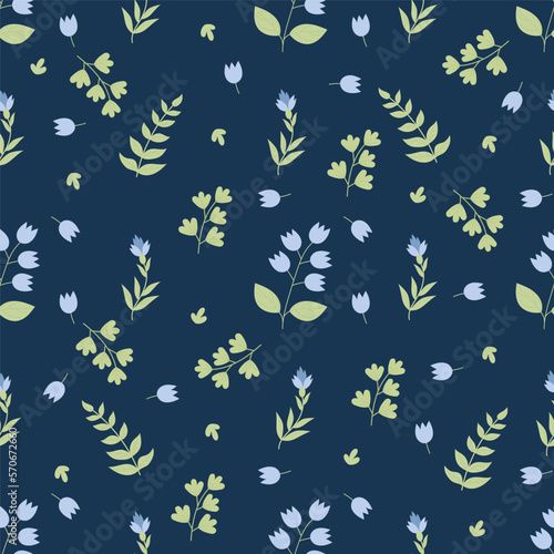 Floral seamless pattern. Blue decorative flowers and branches on dark blue background. Vector illustration in flat style