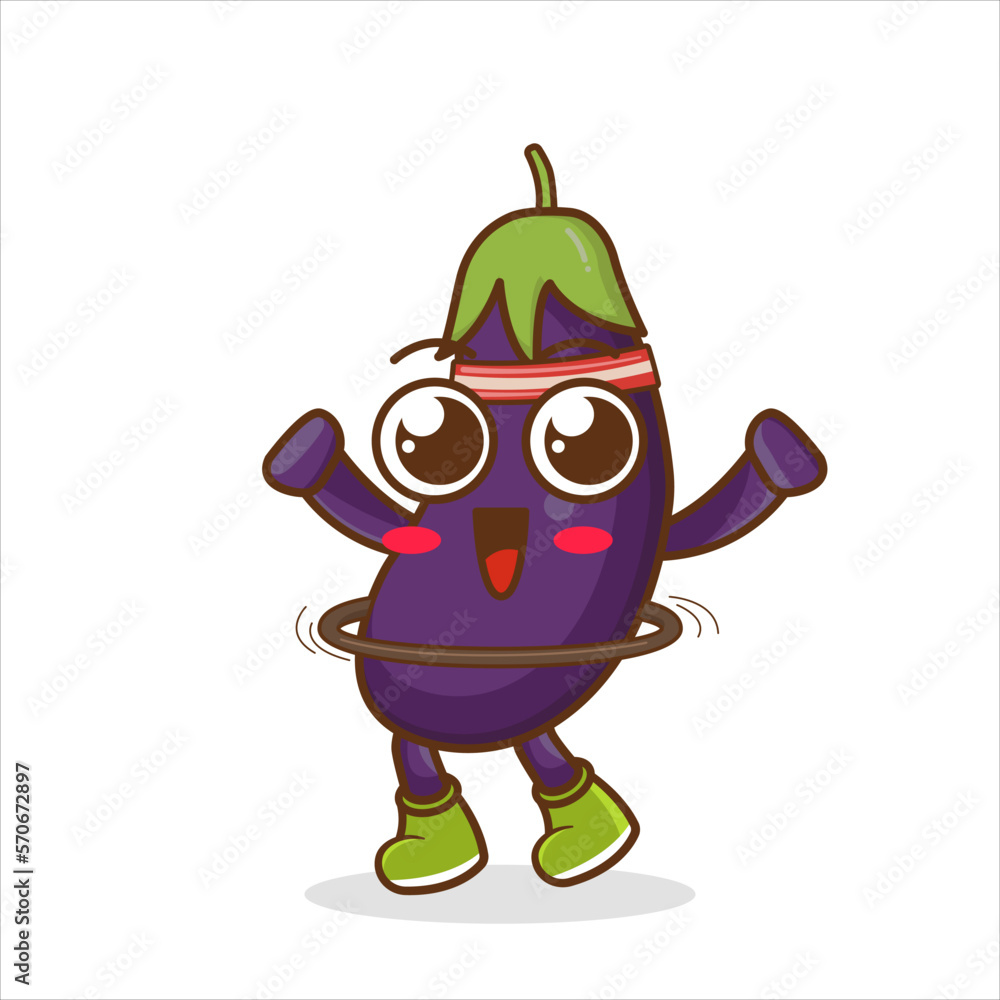 Obraz premium Vector mascot, cartoon and illustration of a eggplant doing exercises with hula hoop