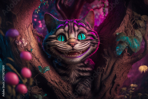Cheshire cat with pink and purple stripes from Alice in wonderland. Generative AI photo
