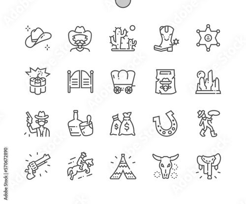 Cowboy. Wild west. Sheriff badge. Horseshoe, lasso, revolver, wanted, dessert. Pixel Perfect Vector Thin Line Icons. Simple Minimal Pictogram