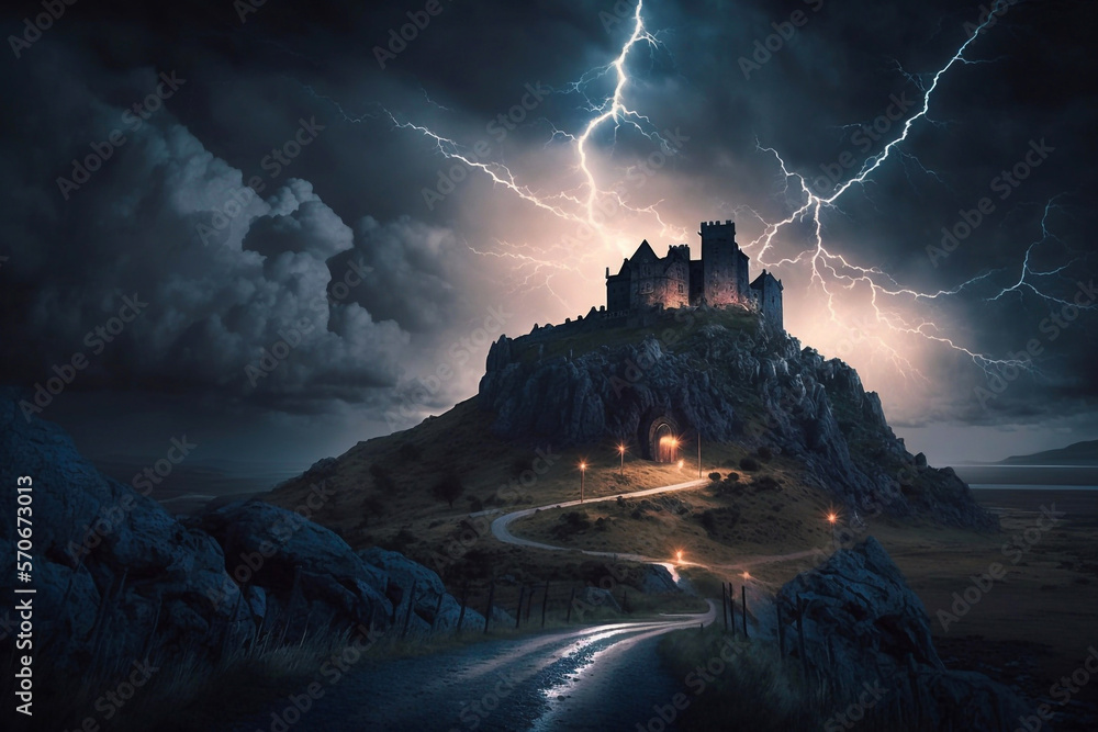 Castles on top of a hill with a winding road up to it, midnight in a thunder and lighting storm. Generative AI