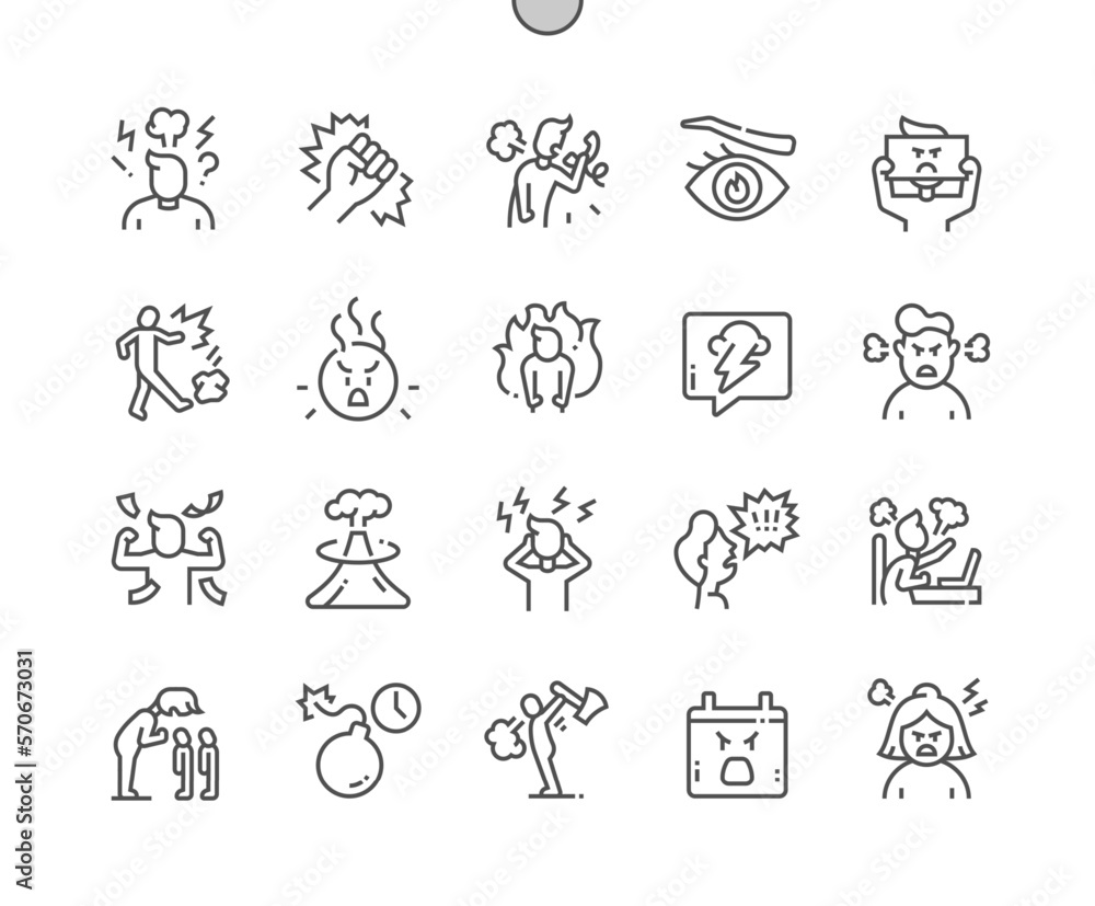 Fototapeta premium Angry. Volcano. Angry boss, businessman. Furious, stress, mad, emotion. Pixel Perfect Vector Thin Line Icons. Simple Minimal Pictogram