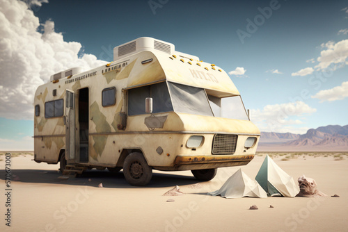 Camper in the middle of the desert. Generative AI