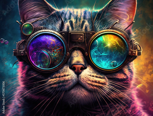 colorful psychodelic portrait of a cat with steampunk glasses