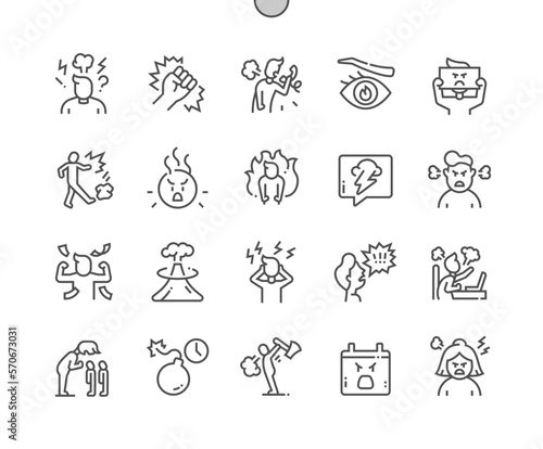 Angry. Volcano. Angry boss, businessman. Furious, stress, mad, emotion. Pixel Perfect Vector Thin Line Icons. Simple Minimal Pictogram