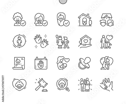 Child adoption. Orphanage. Foster baby. Adoption date. Baby hands. Pixel Perfect Vector Thin Line Icons. Simple Minimal Pictogram