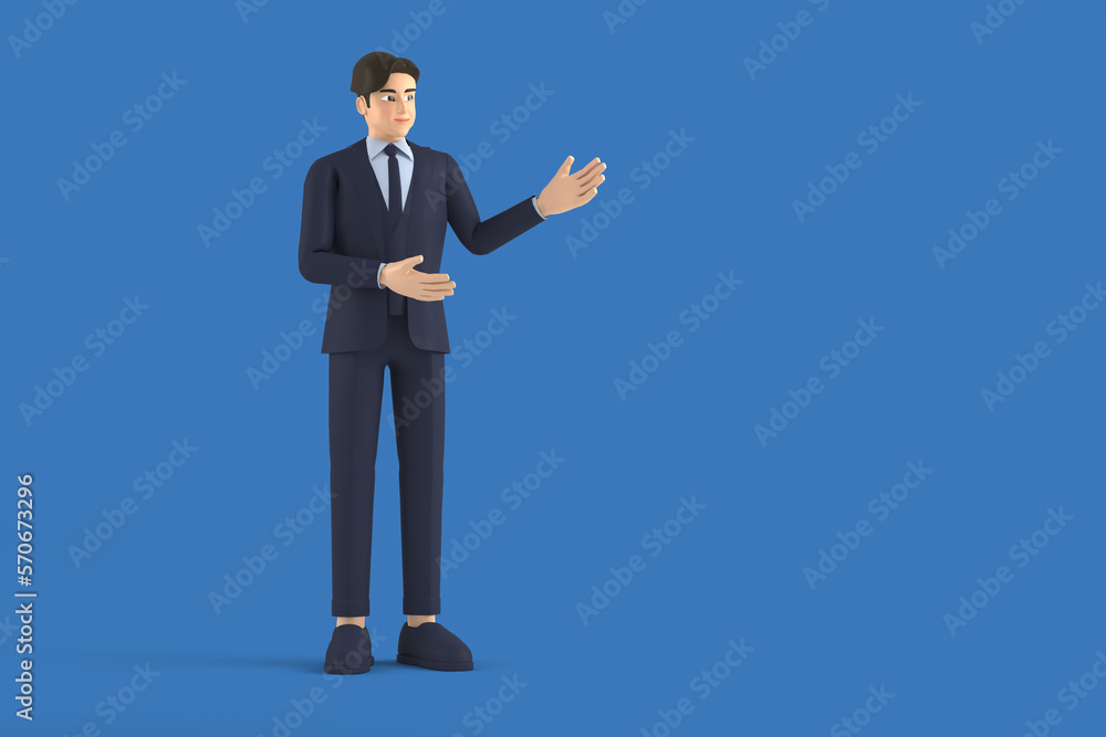 Young business character isolated on blue background. wear blue shirt blue necktie Look sideways with index finger up. Recommendation concept 3D Rendering. Young business character isolated on blue background. wear blue shirt blue necktie Look sideways with index finger up. Recommendation concept 3D Rendering.