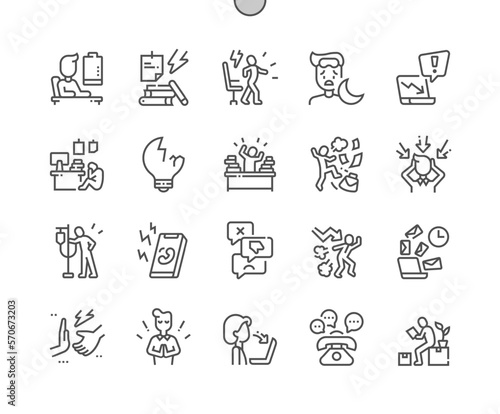Working stress. Psychological disorder of businessman. Burnout, destroy, medical help, urgent call. Pixel Perfect Vector Thin Line Icons. Simple Minimal Pictogram