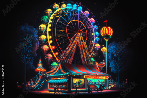 Evening fabulous amusement park, night time, multicolored, neon light. Generative AI