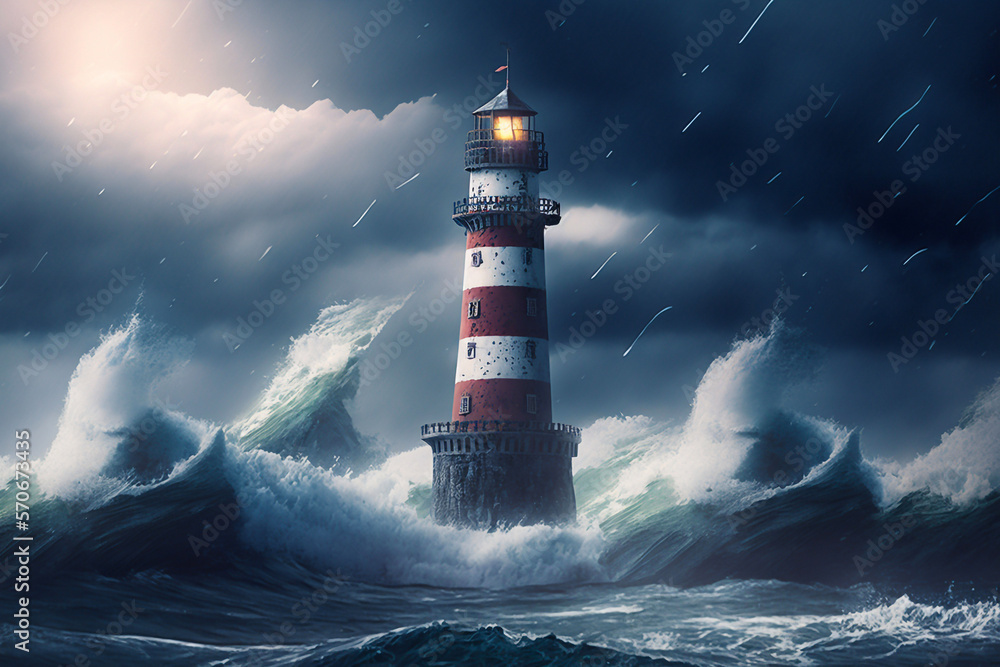 Lighthouse in a big storm. Generative AI