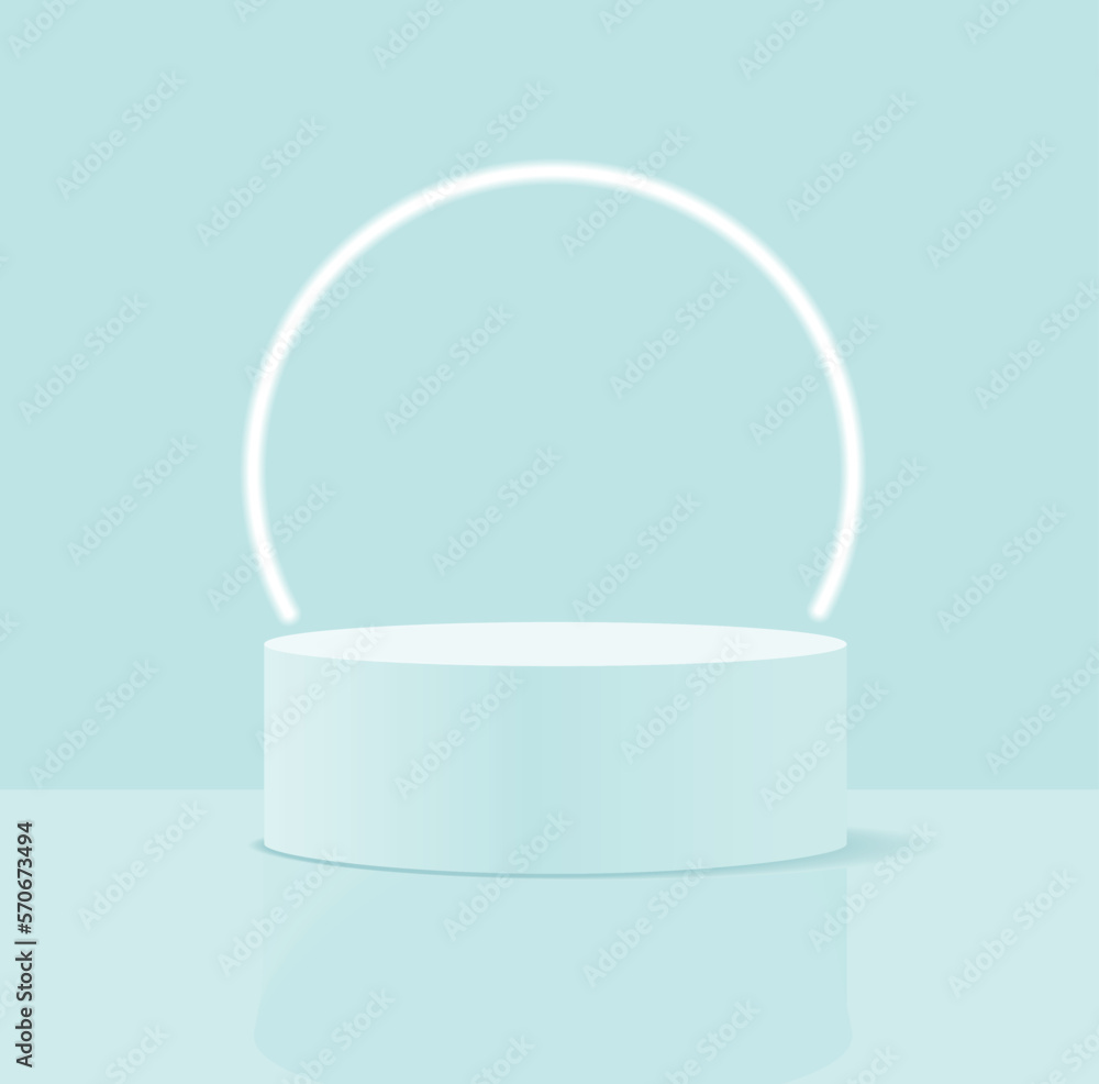 Minimalist 3D Pastel Blue Vector Composition with a Low Cylindrical Podium and a Neon Circle in the Background, ideal for Product Presentation. Simple Geometric Mokup Product Display. Round Stage. - obrazy, fototapety, plakaty 