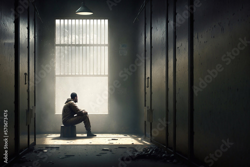 Lonely man sitting in a prison cell. Generative AI