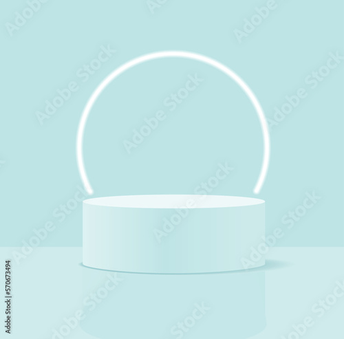 Minimalist 3D Pastel Blue Vector Composition with a Low Cylindrical Podium and a Neon Circle in the Background, ideal for Product Presentation. Simple Geometric Mokup Product Display. Round Stage.