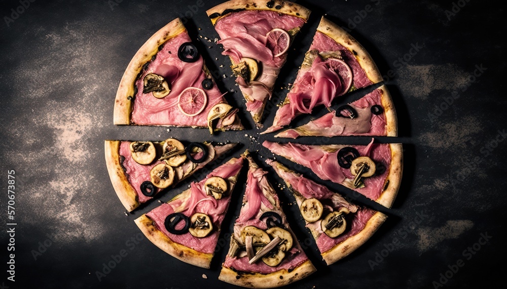  a sliced pizza with mushrooms and black olives on a table top with a knife and fork in it and a knife stuck in the middle of the pizza.