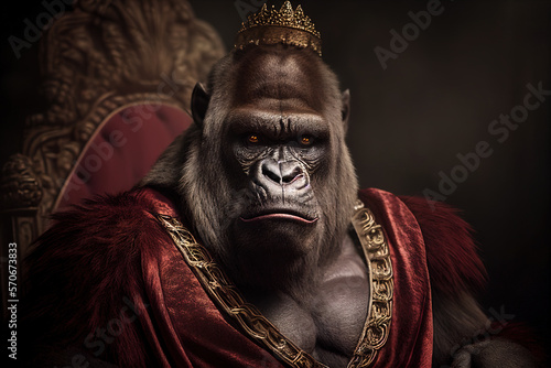 Gorilla king in royal robe and crown on throne. AI generative illustration.