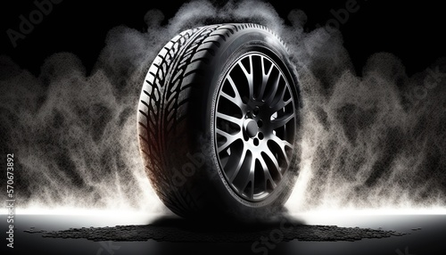  a car tire with a lot of smoke coming out of it's side and a black background with a white spot in the middle.