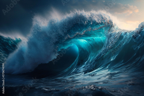 Blue ocean surfing wave. Generative AI