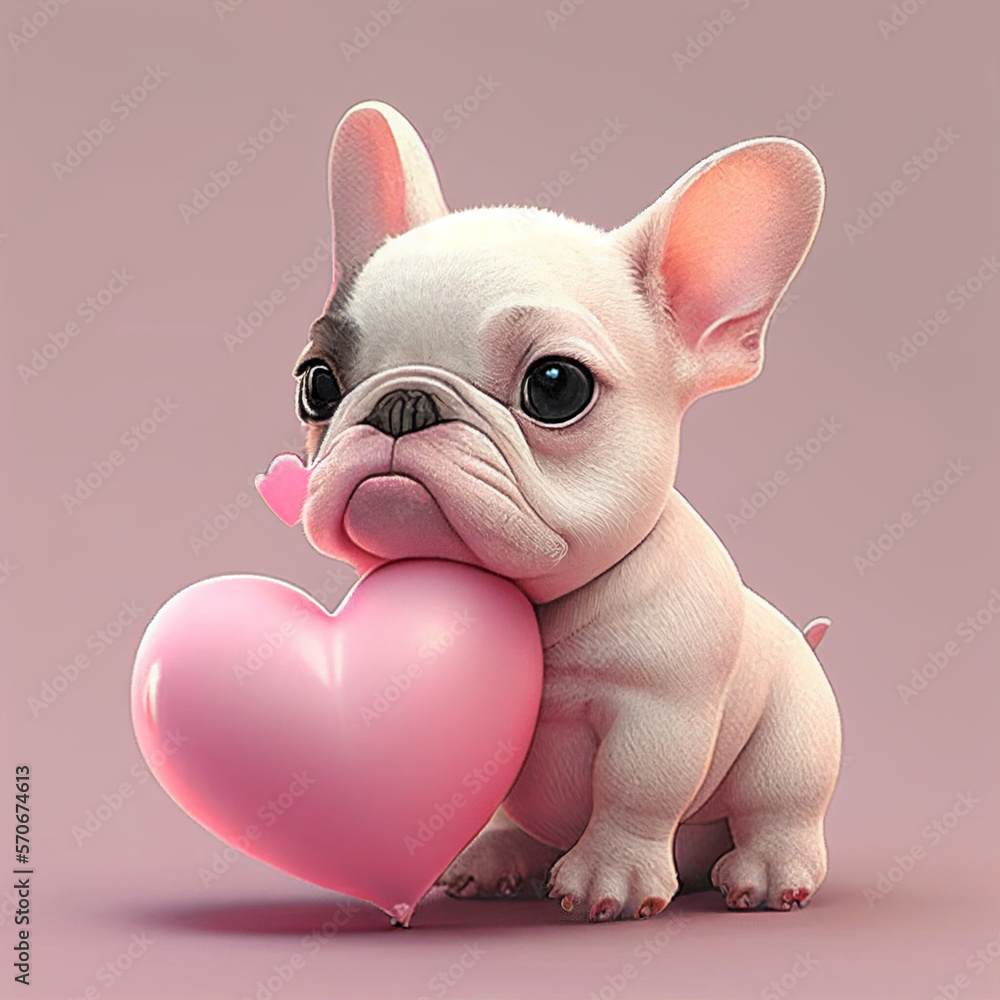 cute small baby french bulldog puppy holding pink heart valentine's day postcard, generative AI