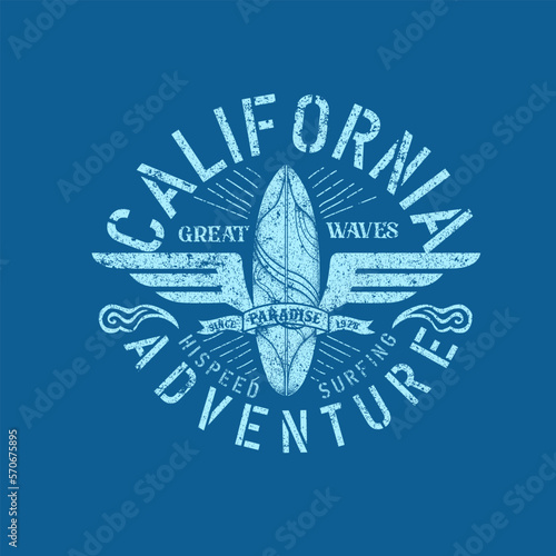 California Surfing Grunge Typographic Poster T-shirt Design Print Vector Illustration