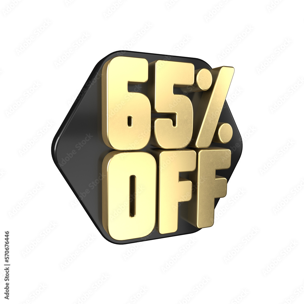 Gold 65% Off Text with Black Hexagon Background for Sale Promotions. 3d render illustration. Gold 65% Off Text with Black Hexagon Background for Sale Promotions. 3d render illustration.