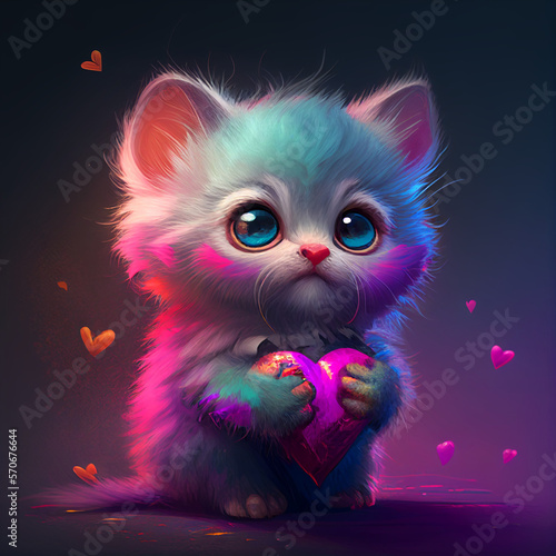 cute small baby kitten is holding heart for valentine's day, generative AI
