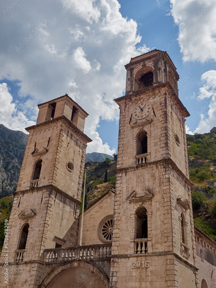 Cathedral of Saint Tryphon, a romanesque cathedral with two baroque towers. Kotor, Montenegro, Europe