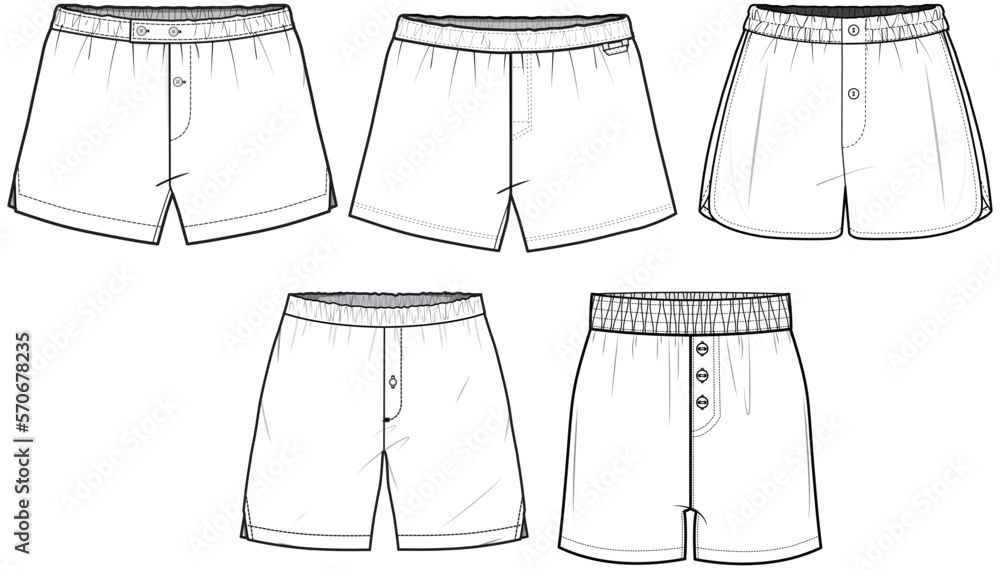 Boy's Boxer Short, Men's Short Set Fashion Illustration, Vector, CAD, Technical Drawing, Flat Drawing, Template, Mockup. Boy's Boxer Short, Men's Short Set Fashion Illustration, Vector, CAD, Technical Drawing, Flat Drawing, Template, Mockup.
