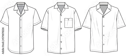 Men's Resort Shirt, Notched Collar Short Sleeve Shirt, Lapel Collar Shirt Set Fashion Illustration, Vector, CAD, Technical Drawing, Flat Drawing, Template, Mockup.	 photo