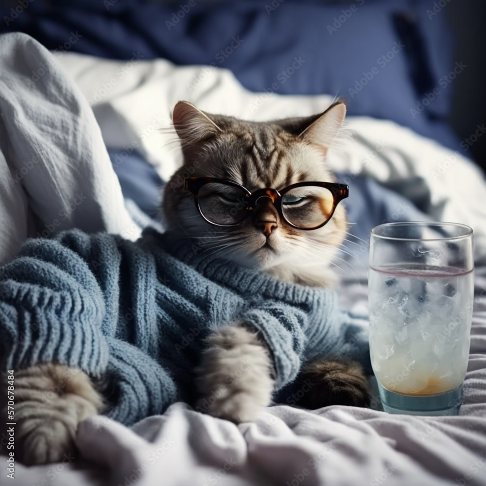 Cute cat with sunglasses and glass of alcohol on bed at home. After