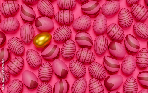 top view of 3d rendering  magenta and golden easter eggs on magenta background , pantone color 2023
