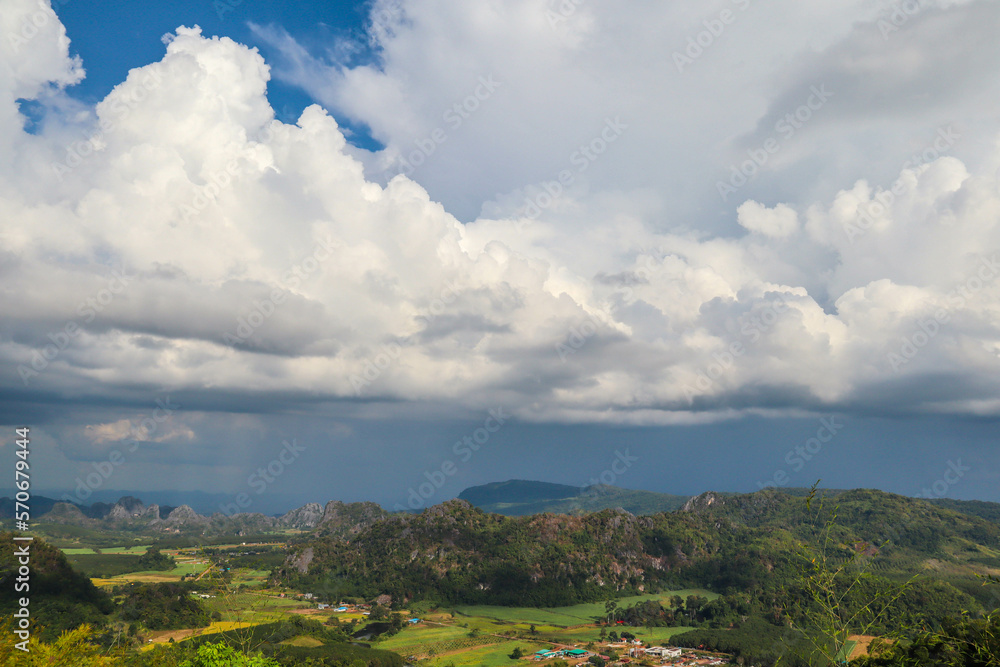 Valley village in mountains landscape