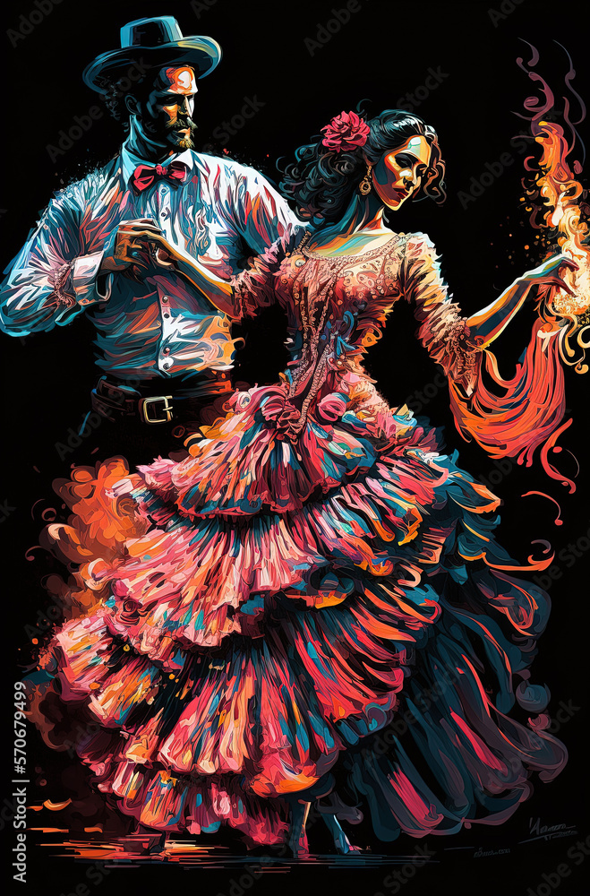 Fototapeta premium Generative AI illustration of Young couple dancing flamenco