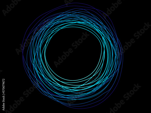 Vector abstract wavy circles lines round frame blue color isolated on black background. Technology modern concept, sound wave, music festival template. 