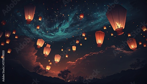 Lanterns floating in night sky