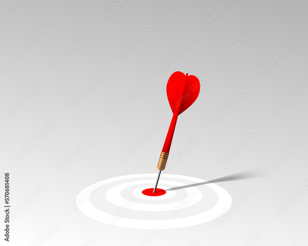 Red dart hit to center of white dartboard on the gray floor. Arrow on bullseye in target. Business success, investment goal, marketing challenge, financial strategy, purpose achievement, ideas concept Red dart hit to center of white dartboard on the gray floor. Arrow on bullseye in target. Business success, investment goal, marketing challenge, financial strategy, purpose achievement, ideas concept