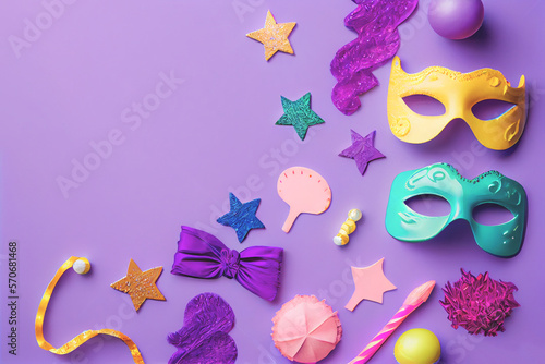 Various types of masks displayed on purple background, illustration Purim celebration concept and Jewish carnival holiday. Top view, flat lay photo