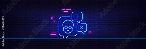 Neon light glow effect. Cyber attack line icon. Ransomware threat sign. Hacker skull chat symbol. 3d line neon glow icon. Brick wall banner. Cyber attack outline. Vector