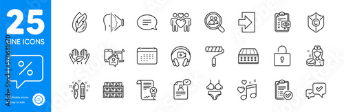 Outline icons set. Hypoallergenic tested, Love music and Lock icons. Flexible mattress, Work home, Approve web elements. Discount message, Copyright protection, Love couple signs. Vector