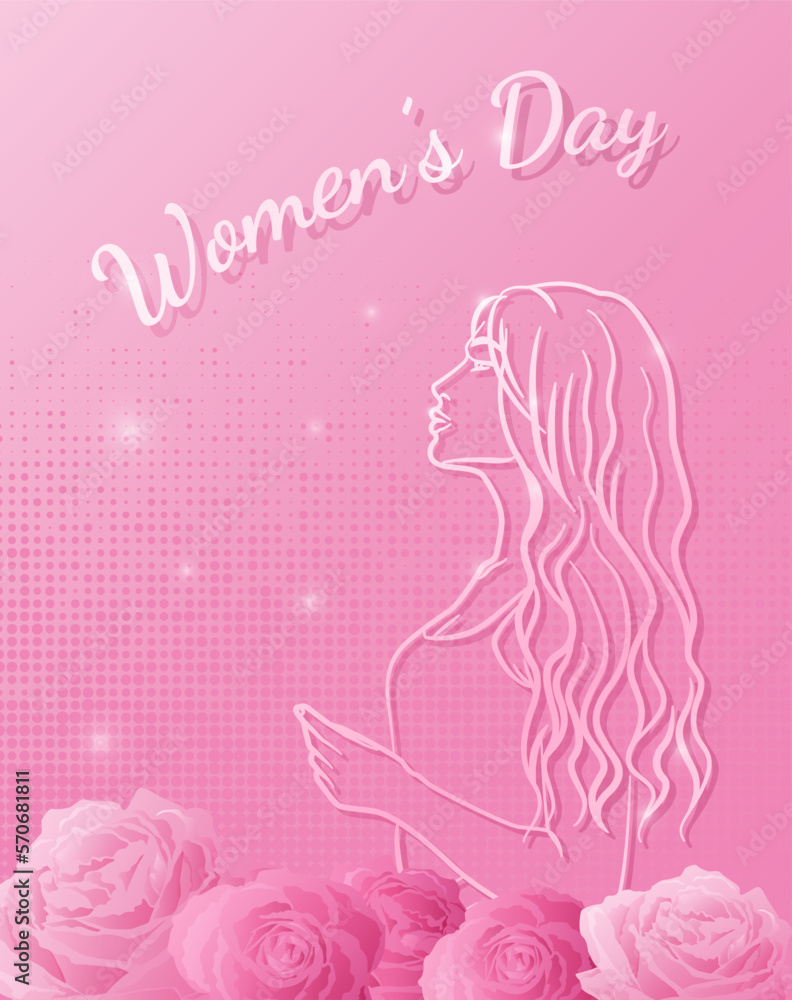 International Women's Day 8 march with elegant woman silhouette and roses. International Women's Day 8 march with elegant woman silhouette and roses.