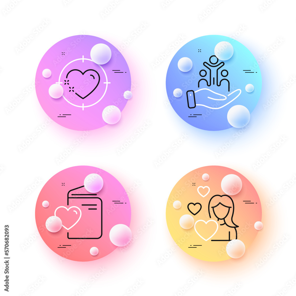Heart target, Love document and Love minimal line icons. 3d spheres or balls buttons. Inclusion icons. For web, application, printing. Registry office, Equity justice. Vector Heart target, Love document and Love minimal line icons. 3d spheres or balls buttons. Inclusion icons. For web, application, printing. Registry office, Equity justice. Vector