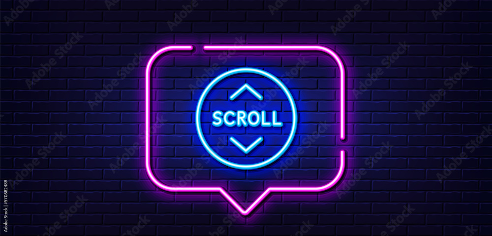 Neon light speech bubble. Scroll down button line icon. Scrolling screen sign. Swipe page. Neon light background. Scroll down glow line. Brick wall banner. Vector Neon light speech bubble. Scroll down button line icon. Scrolling screen sign. Swipe page. Neon light background. Scroll down glow line. Brick wall banner. Vector