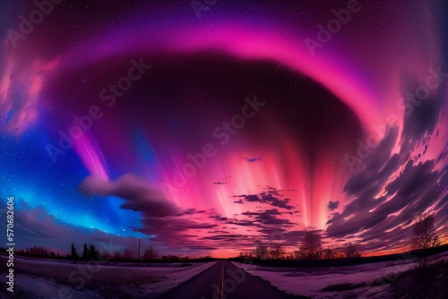 Pink aurora borealis, morthern lights over ice and snow landscape.